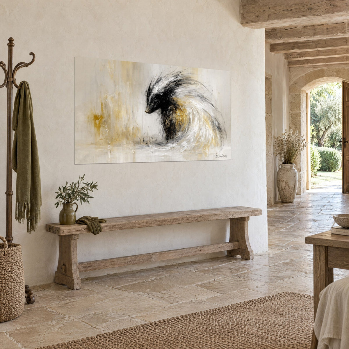Wall art animal with a white stripe and ink-black fur, beige and gold background, seen three-quarter view, wooden bench and stone