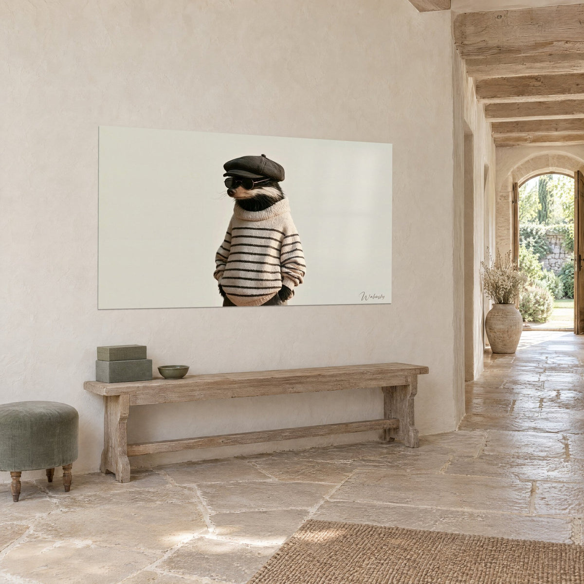 Wall art striped gentleman in a newsboy cap, hands in pockets, cream background, above a wooden bench in a stone hallway