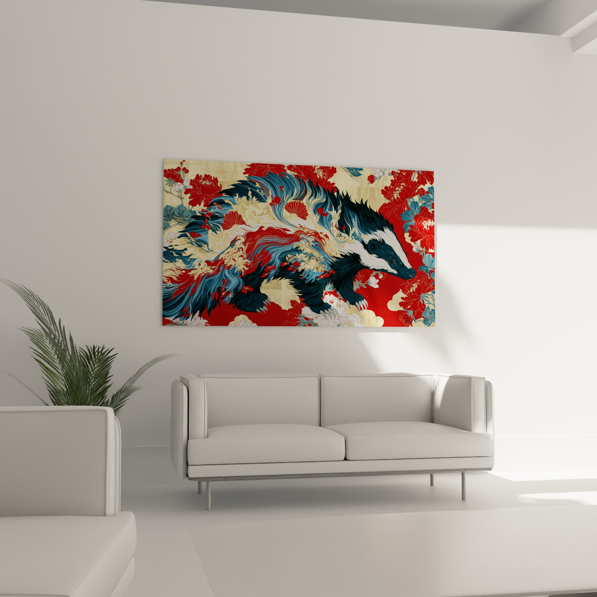 Pivoines rouges et pelage bleu pastel du blaireau accrochés au-dessus d'un canapé dans un salon lumineux