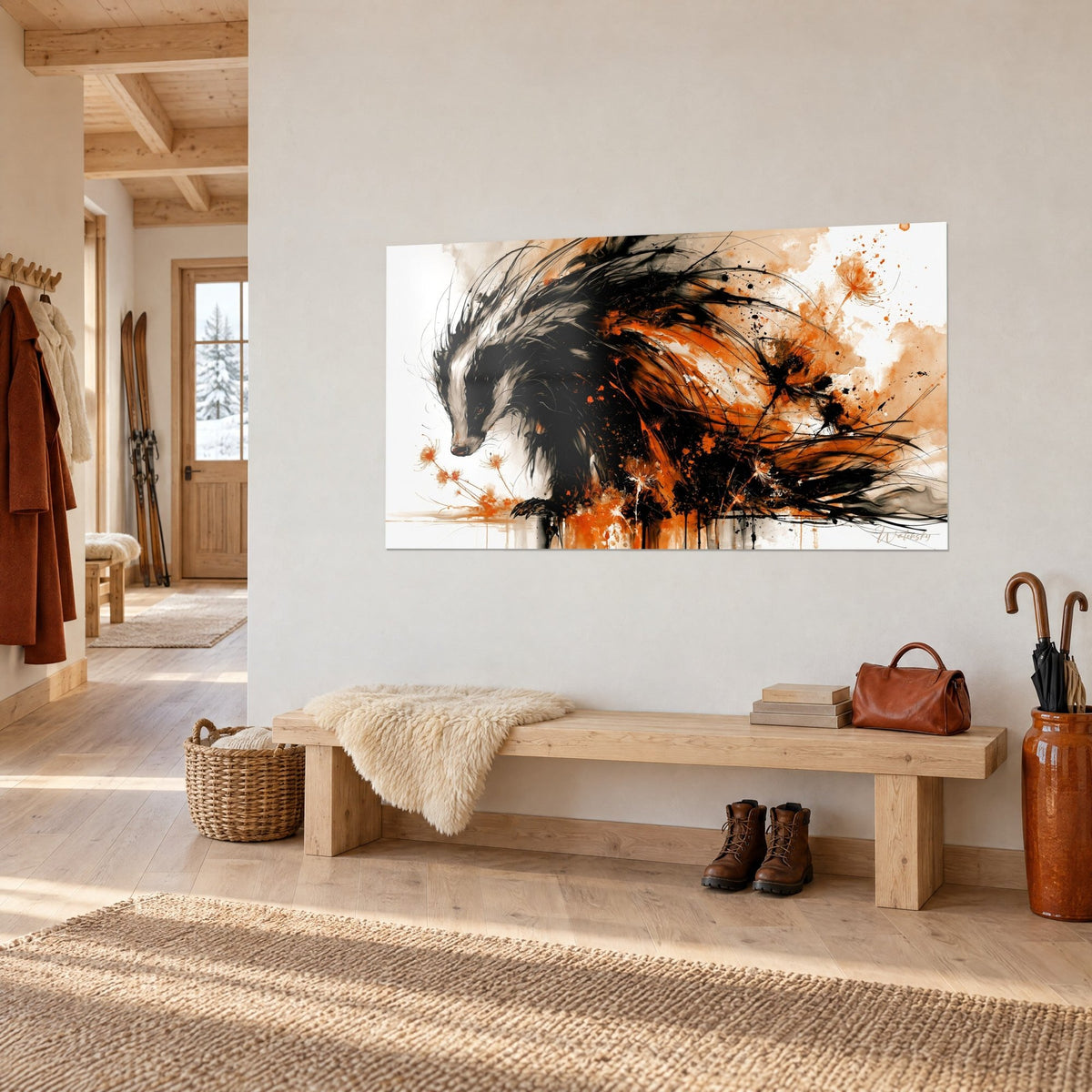 Tableau mustélidé rayé en pleine course, éclaboussures orange vif et traits noirs, au-dessus d'un banc en bois dans l'entrée d'un chalet