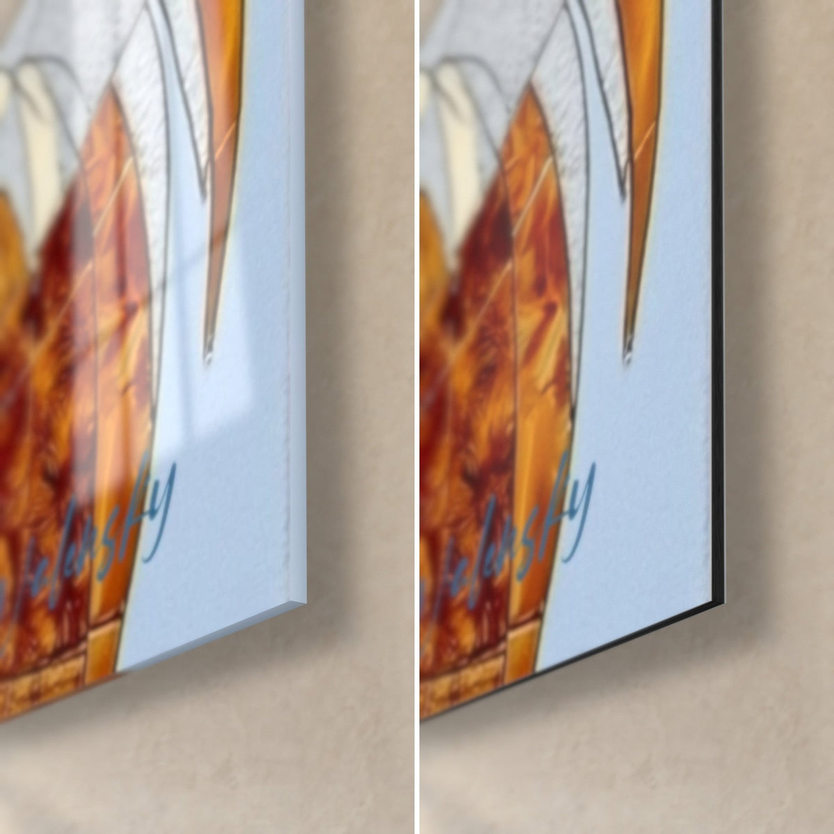 Gemälde Dachs im Mosaik aus Blau und Bernstein, untere rechte Ecke: glänzendes Acrylglas mit Reflexen, mattschwarzes Alu-Dibond, 3 mm Kante