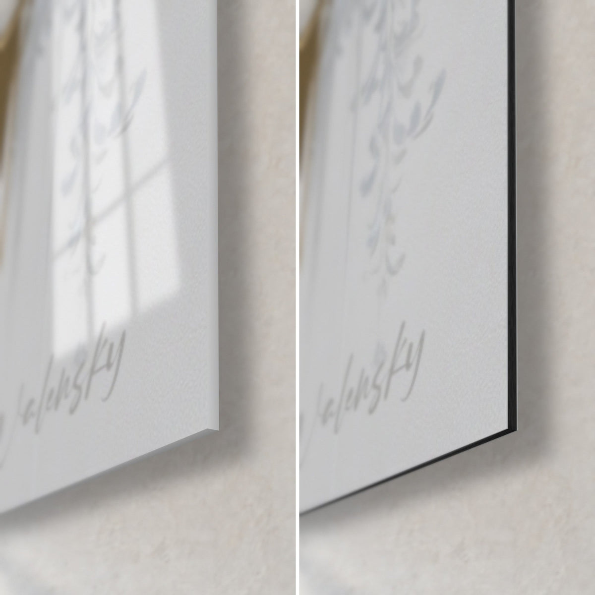 Tableau blaireau stylisé, coin bas droit : verre acrylique brillant à gauche, Dibond noir mat à droite, tranche de 3 mm