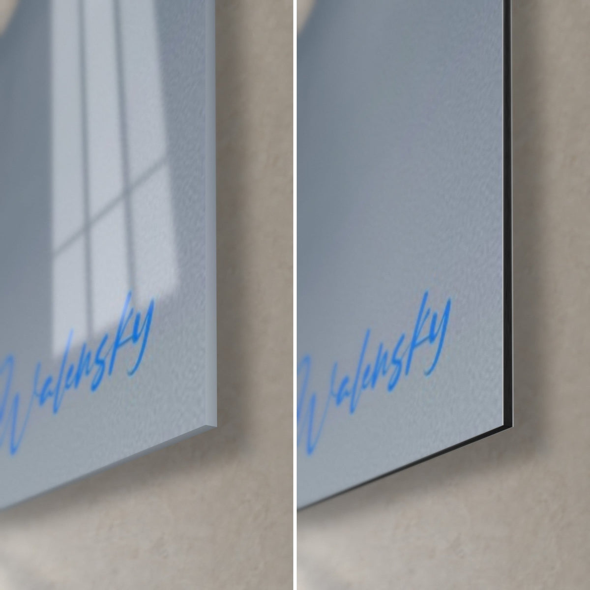 Wall art dark animal with light fur, bottom right corner: glossy glass on the left, matte Dibond on the right, blue signature on grey