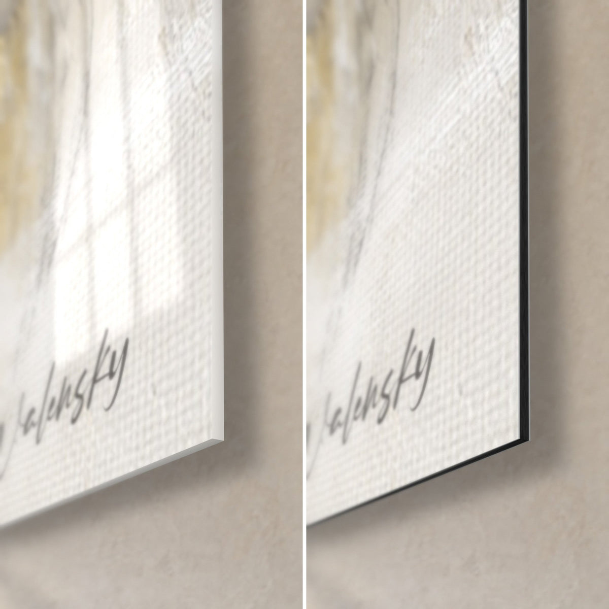 Wall art badger in a swirl, bottom right corner: glossy acrylic glass on the left, matte black Dibond on the right, grey signature
