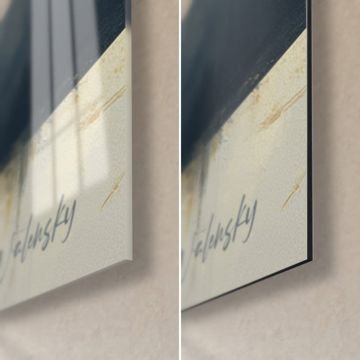 Wall art of an abstract badger, bottom right corner: glossy glass on the left, matte Dibond aluminium on the right, black edge, grey signature