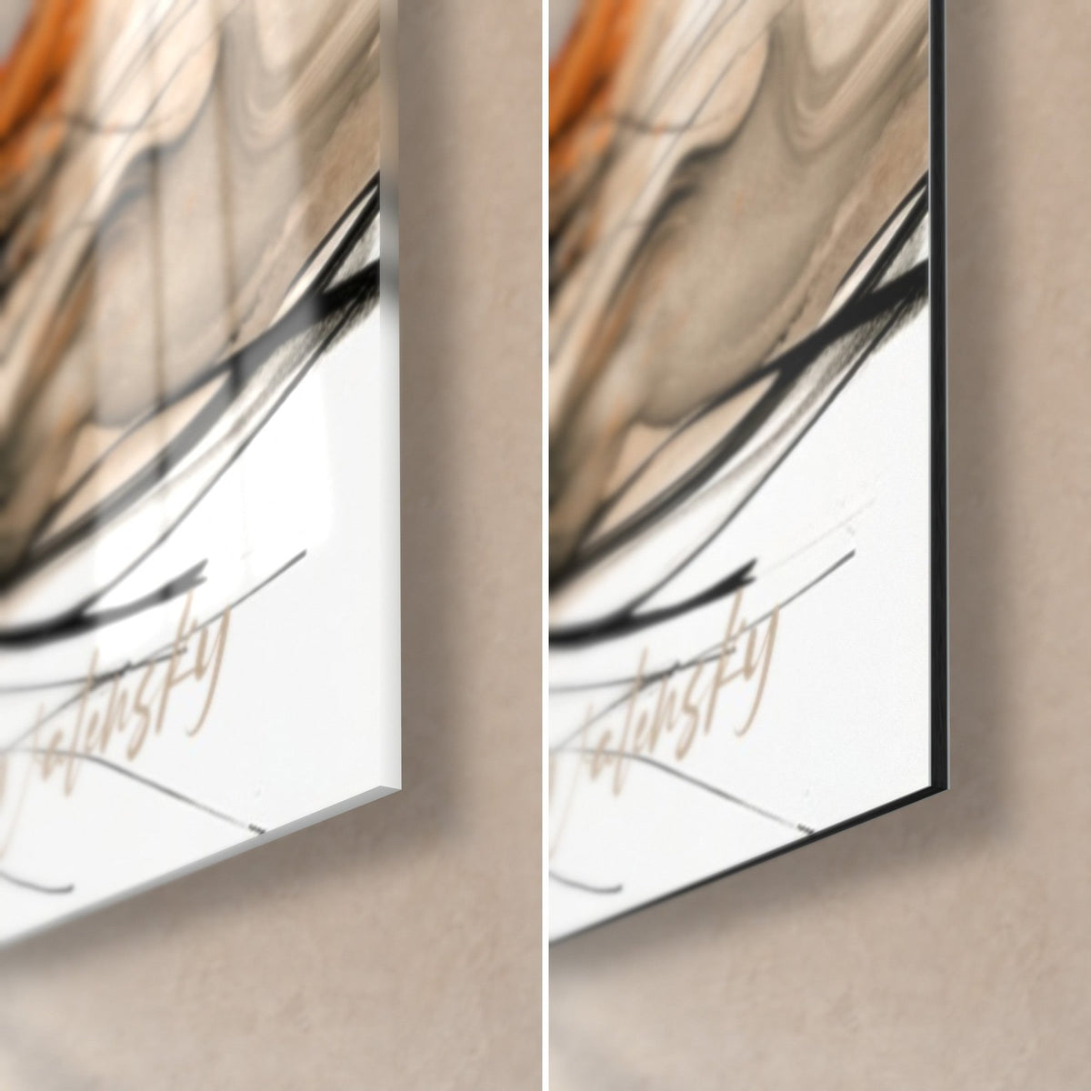 Tableau blaireau en encre noire et orange, coin bas droit : verre acrylique brillant reflétant la lumière, alu Dibond mat blanc, tranche de 3 mm
