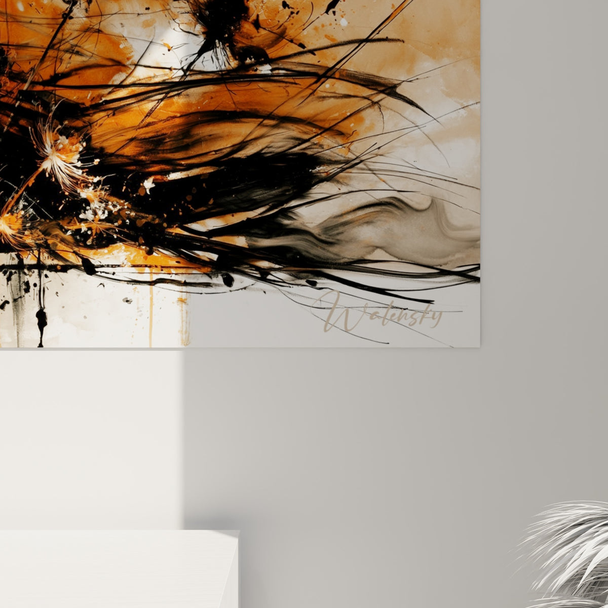 Empâtements noirs et coulures orangées visibles de près sur la texture du tableau blaireau