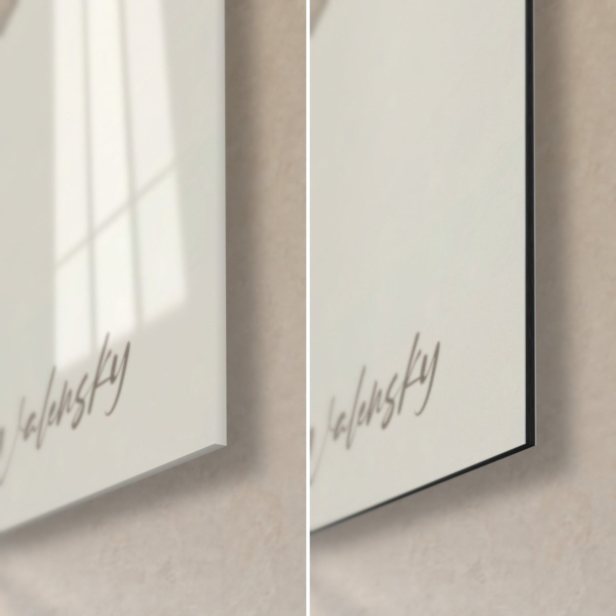Wall art badger in a striped sweater, bottom right corner: glossy acrylic glass on the left, matte black Dibond aluminum on the right, Walensky signature