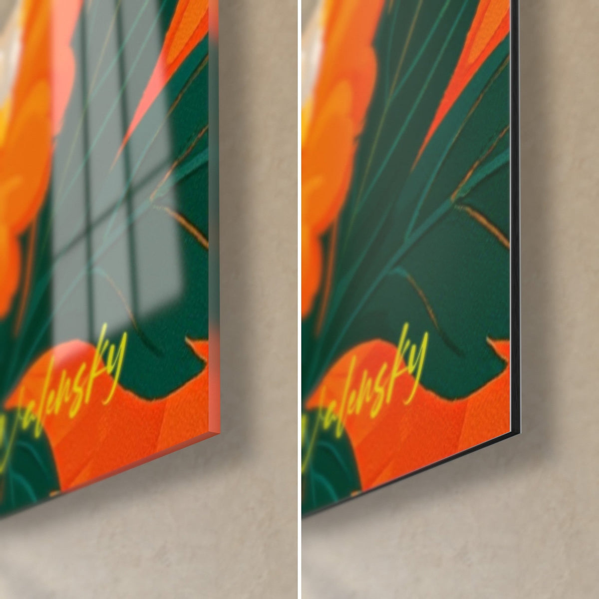 Tableau blaireau en fleurs, coin bas droit : signature jaune sur aplat orange, verre brillant à reflets et alu Dibond mat, tranche de 3 mm