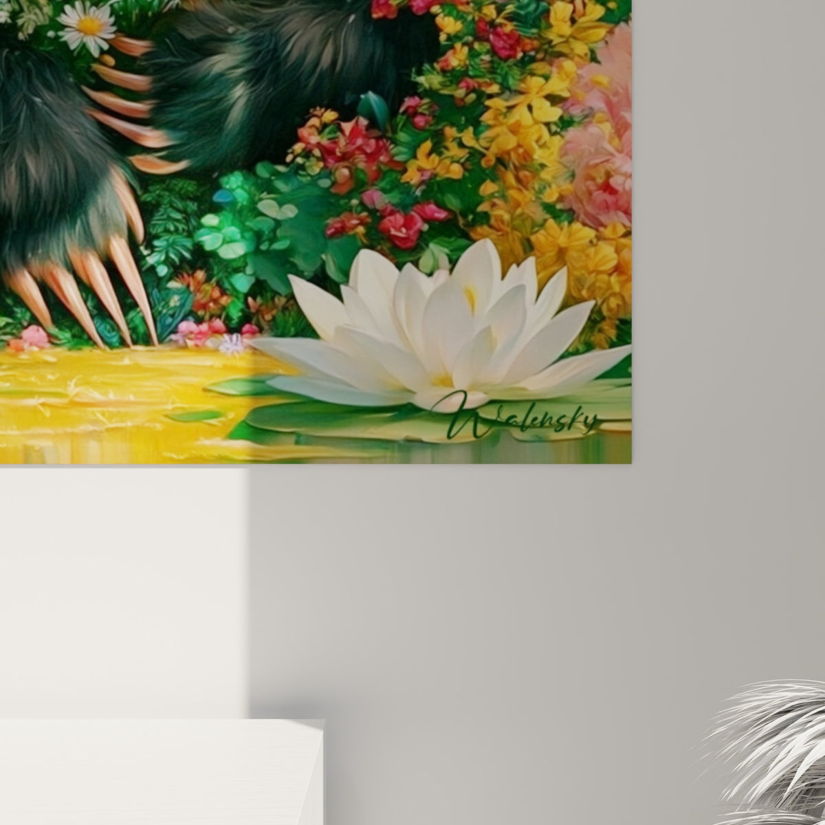 Empâtements de peinture sur les pétales blancs et roses entourant le pelage noir texturé du blaireau accroché