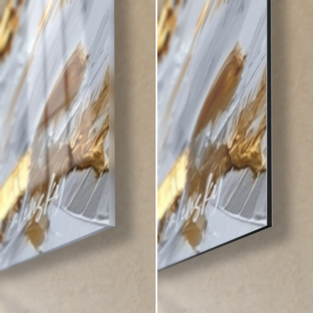 Schilderij gestreepte das met ivoren klauwen, rechtsonder: glanzend glas en reflecties links, mat zwart Dibond rechts