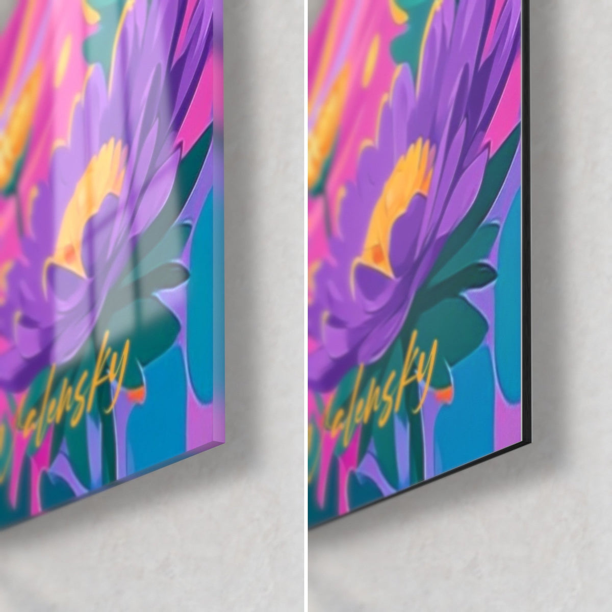 Wall art purple badger, mauve aster flower and gold signature, bottom right corner in glossy glass and matte Dibond