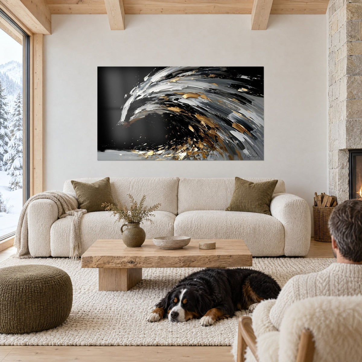 Wall art badger in white and grey palette-knife strokes, gold flecks on black background, lying dog, above a sofa in a bright living room