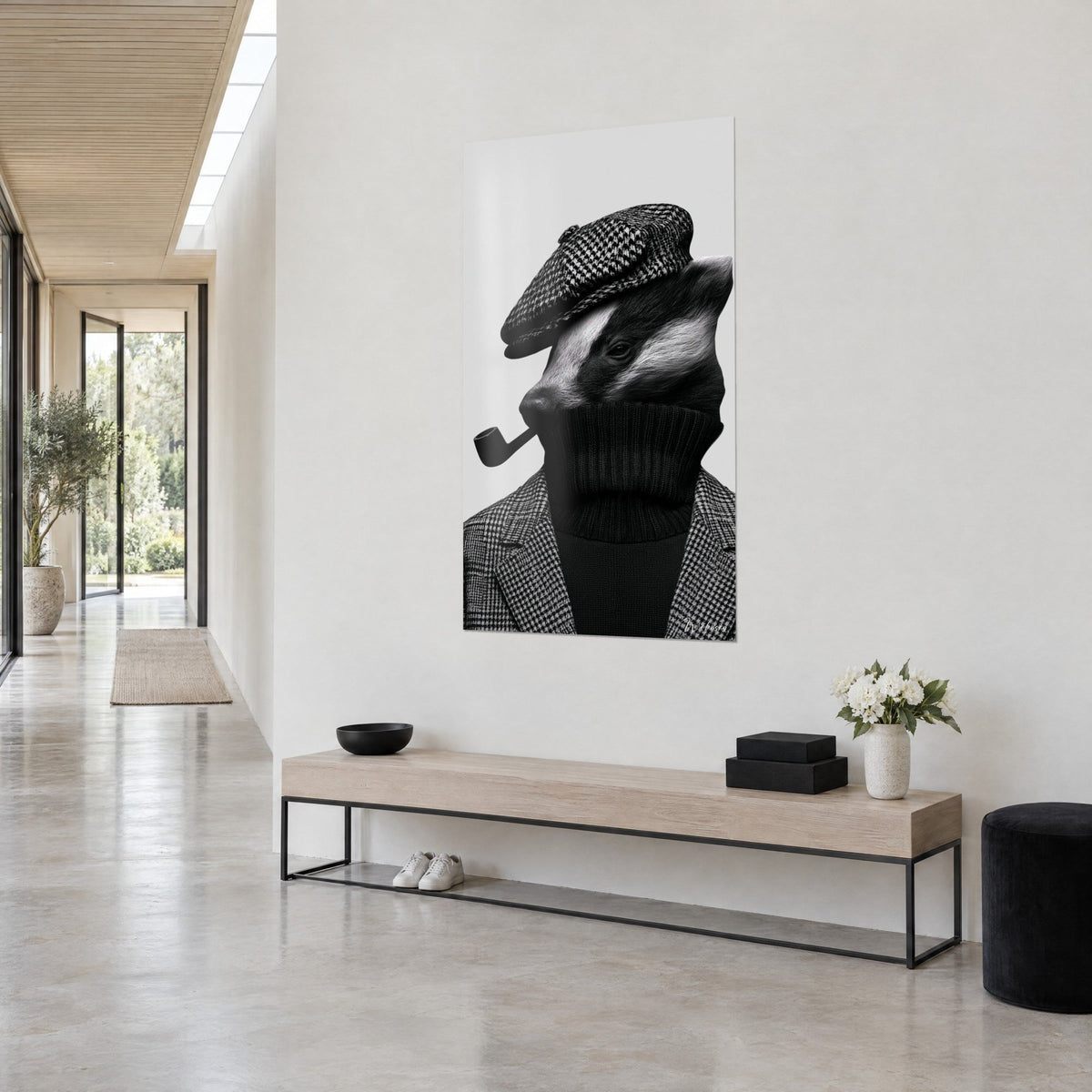 Wall art animal portrait in black turtleneck and grey tweed jacket, pearl grey background, hanging in a bright corridor with waxed concrete walls