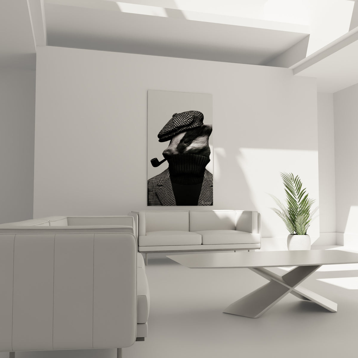 Blaireau costumé façon gentleman anglais en gris et noir, tableau suspendu au-dessus d'un canapé dans un salon lumineux