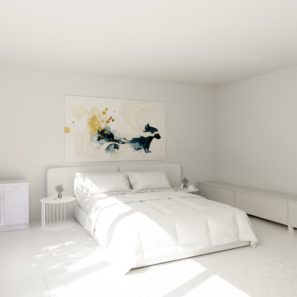 Silhouette de blaireau bleu marine et or se dissolvant en traînées beige au-dessus d'un lit dans une chambre claire