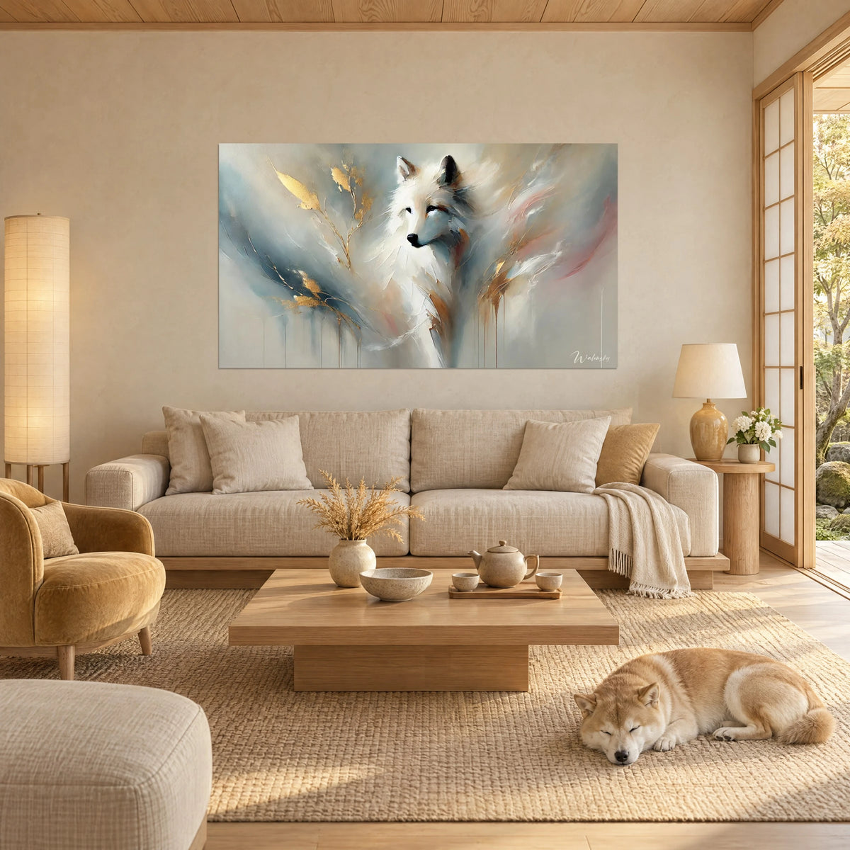 Wall art white wolf with amber eyes, golden and blue-grey feathers, sleeping Shiba, above a sofa in a bright living room