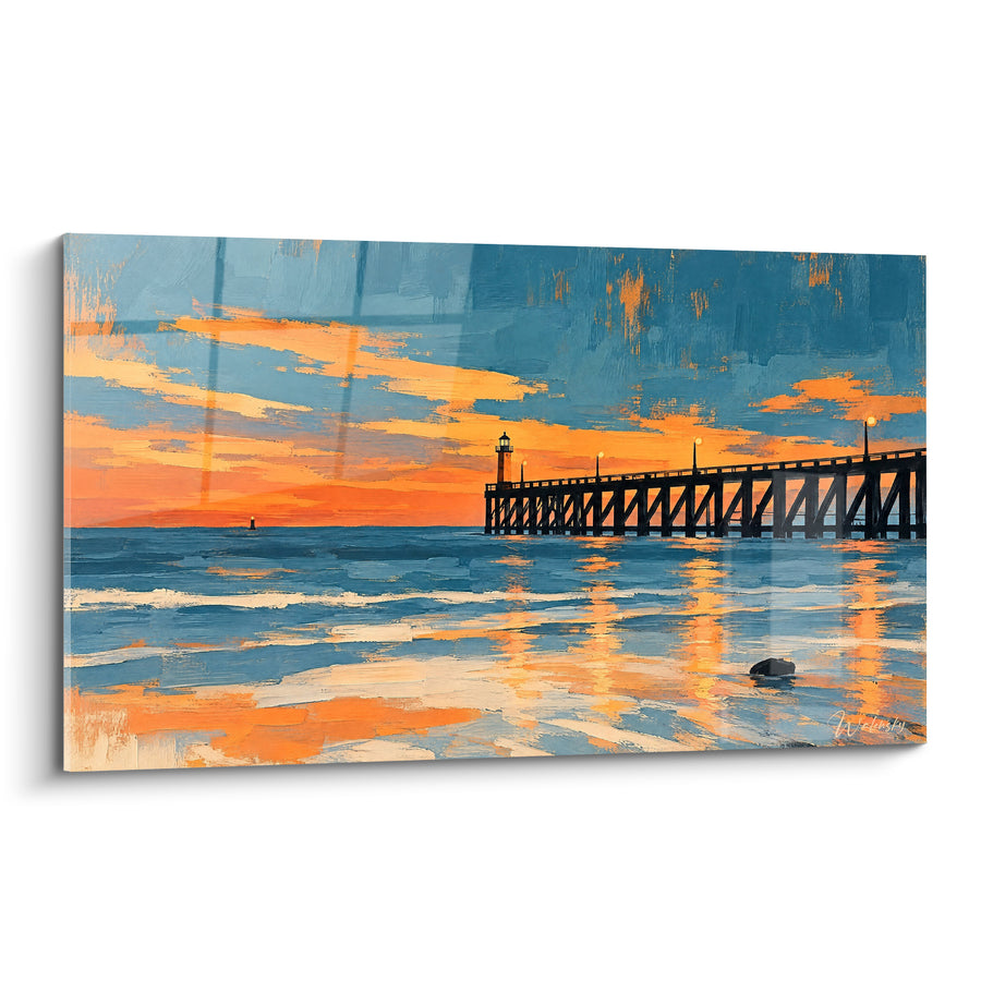 Painting Pier at Sunset Blue and Orange - Twilight on the Water - Blanckenberghe Flemish Region Belgium