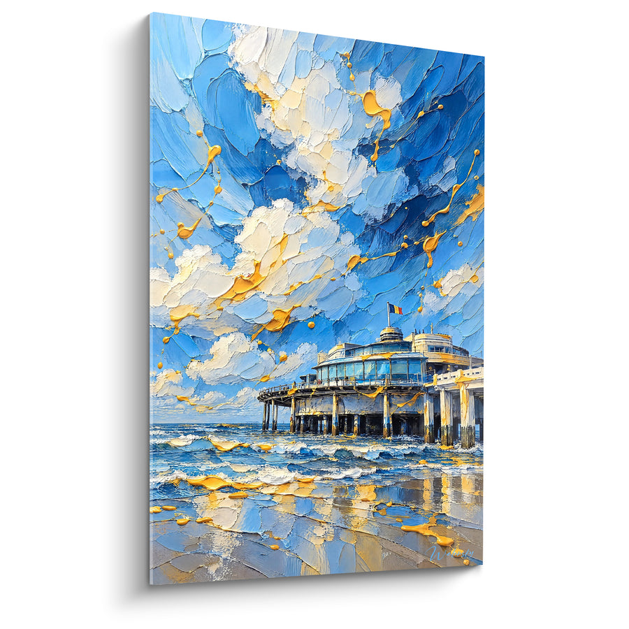 Coastal Pontoon Painting in Blue and Gold on the Sea - Light on the Pier - Blanckenberghe Edition Flemish Region Belgium