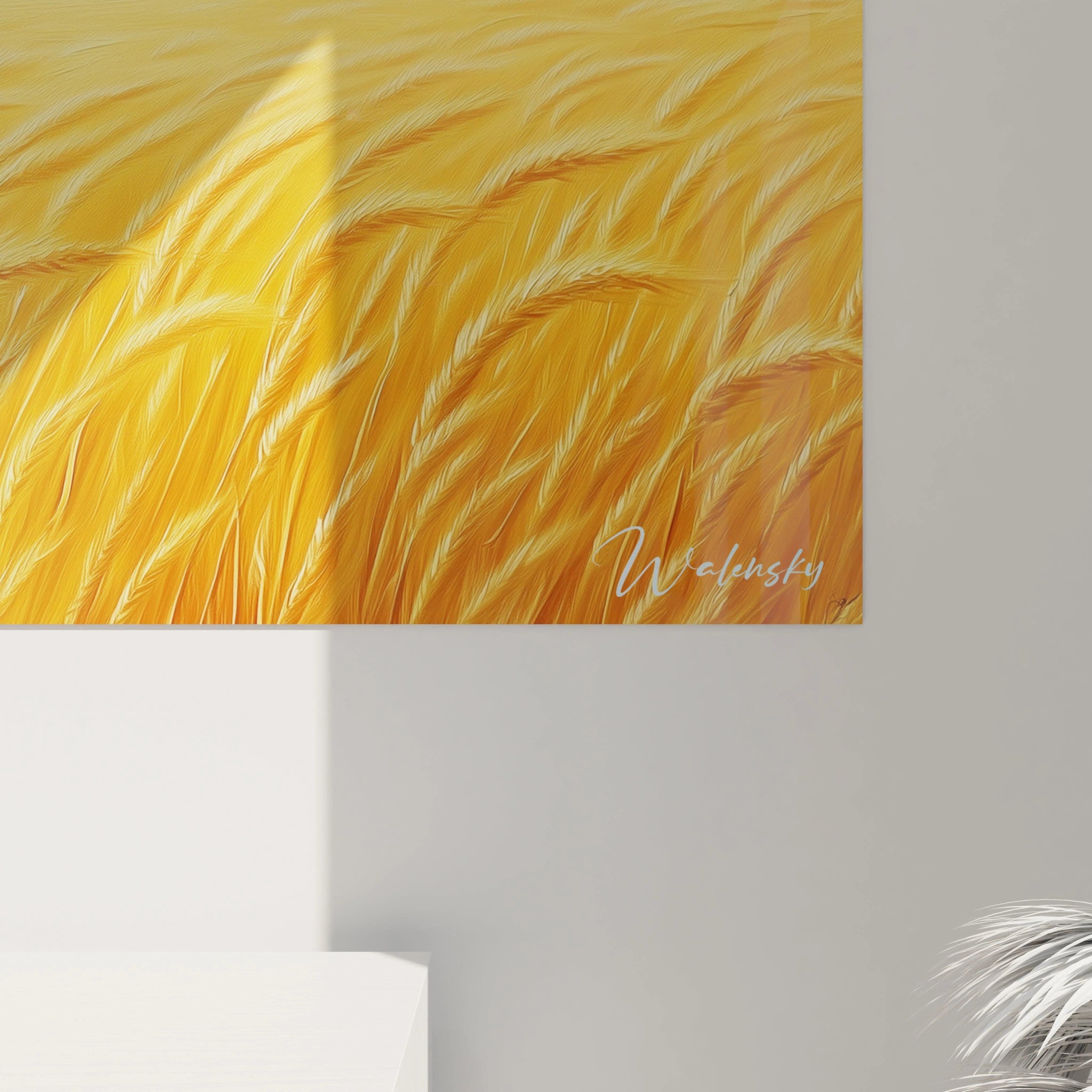 Un tableau paysage présentant l'étendue majestueuse d'un champ de blé mûr aux teintes ambrées et dorées sous un ciel d'azur parsemé de légers nuages blancs. La texture dynamique des épis traduit leur balancement sous une brise estivale.
