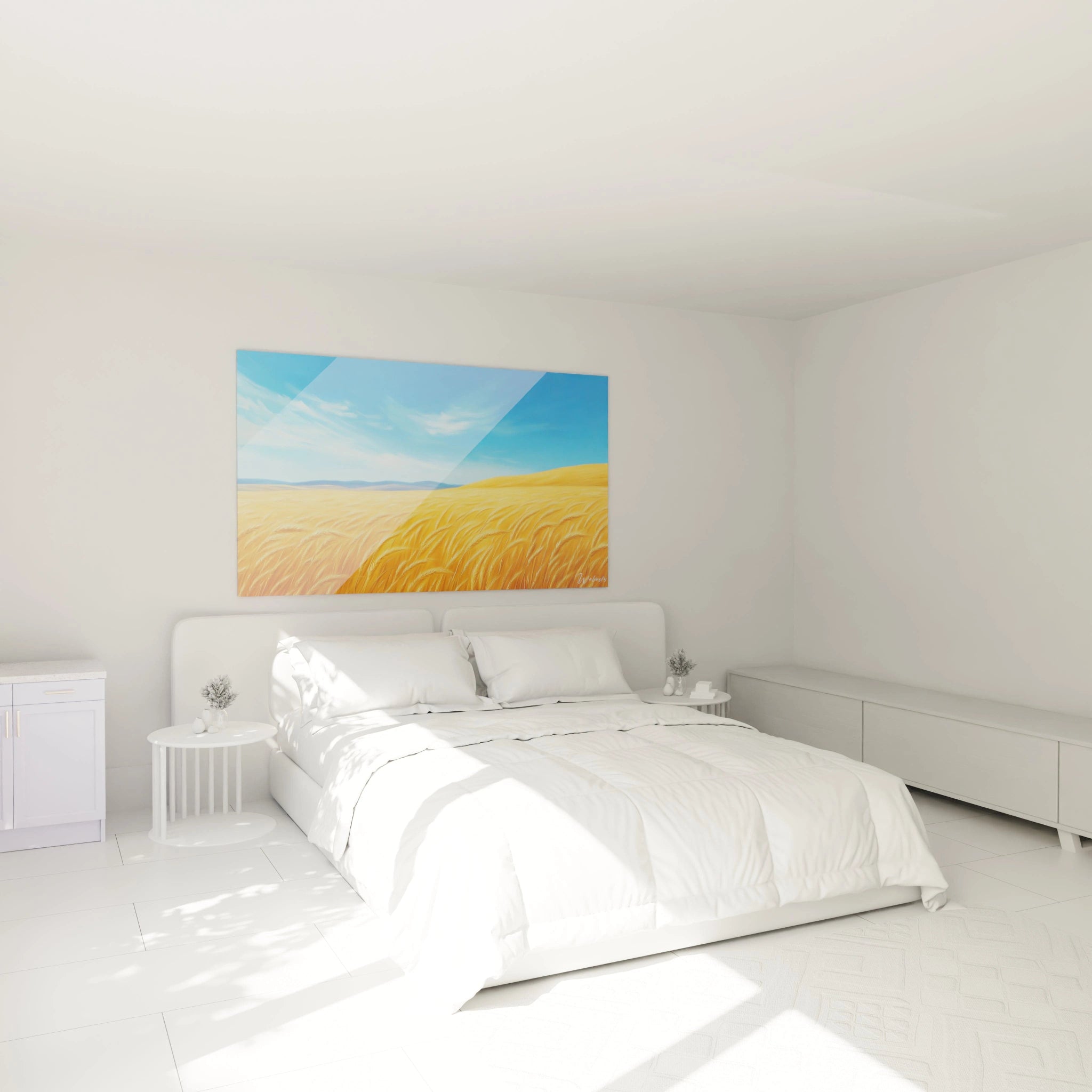 Un tableau champêtre illustrant un champ de blé doré s'étendant à perte de vue, dominé par un ciel bleu lumineux. Les épis finement détaillés créent une texture ondoyante, évoquant le mouvement d'une mer dorée sous l'effet du vent.
