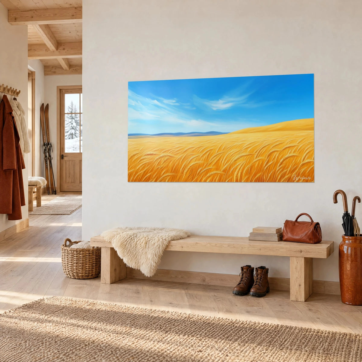 Wall art wheat ears swaying in the wind, bluish hills in the distance, on a light wall in the entrance of a wooden chalet