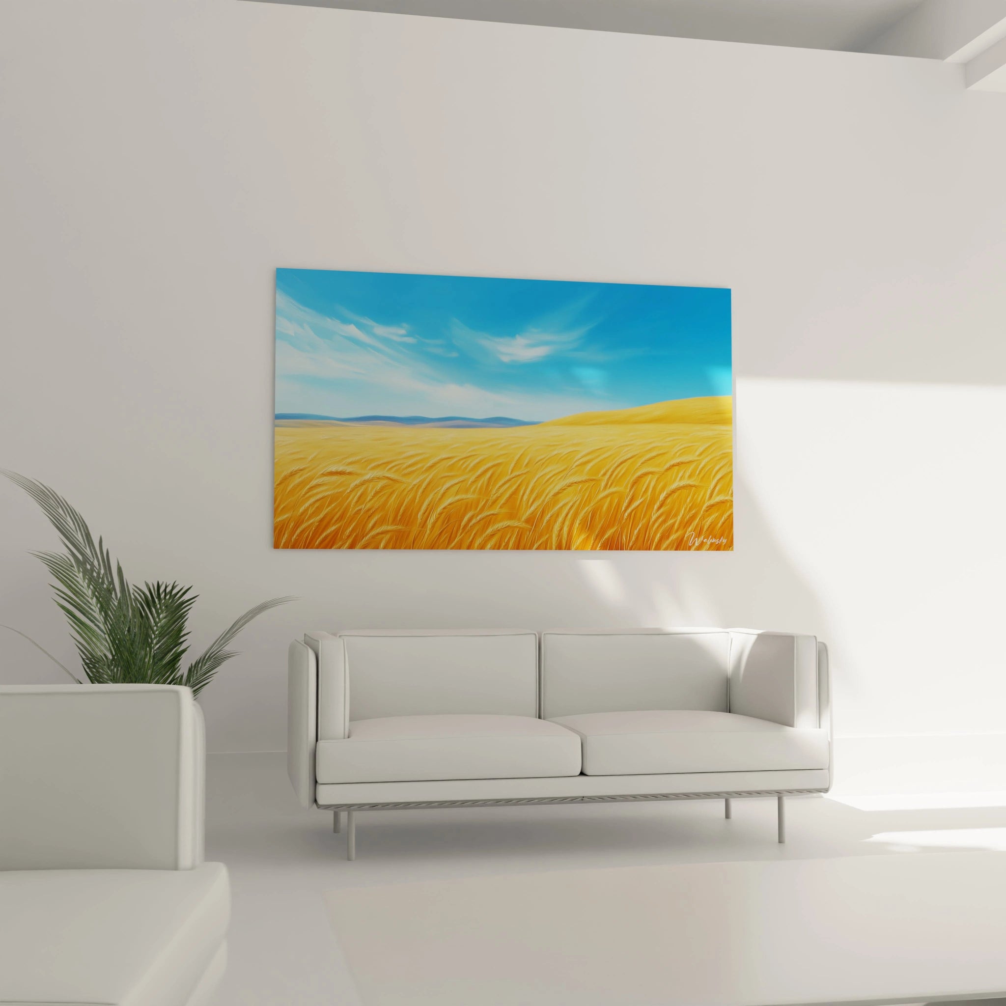 Un tableau rural montrant l'immensité d'un champ de céréales dorées contrastant avec un ciel bleu intense. Les coups de pinceau directionnels donnent vie aux épis de blé, créant un effet de vagues mouvantes qui balayent l'horizon.
