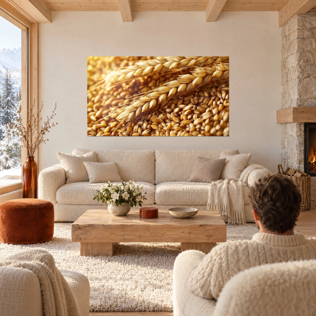 Gemälde goldene Weizenähren und reife Körner, Bernstein und Honig, über einem Sofa in einem hellen Wohnzimmer