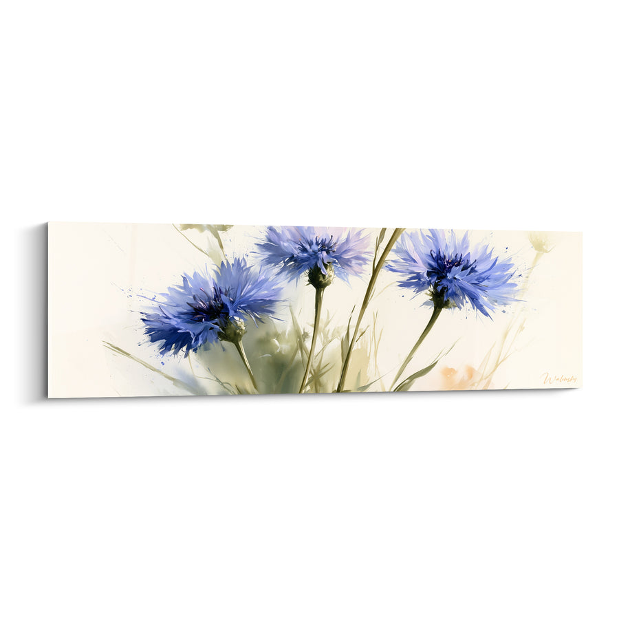 Gemälde Kornblumen blau und elfenbein mit schlanken Stängeln - Drei zerplatzte Blütenkelche - Edition Kornblume