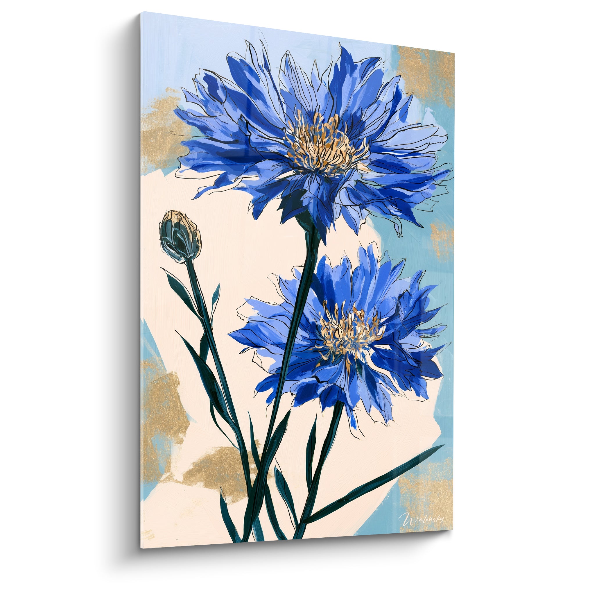 Bleuets bleu marine aux étamines dorées peints sur fond crème et bleu ciel pastel