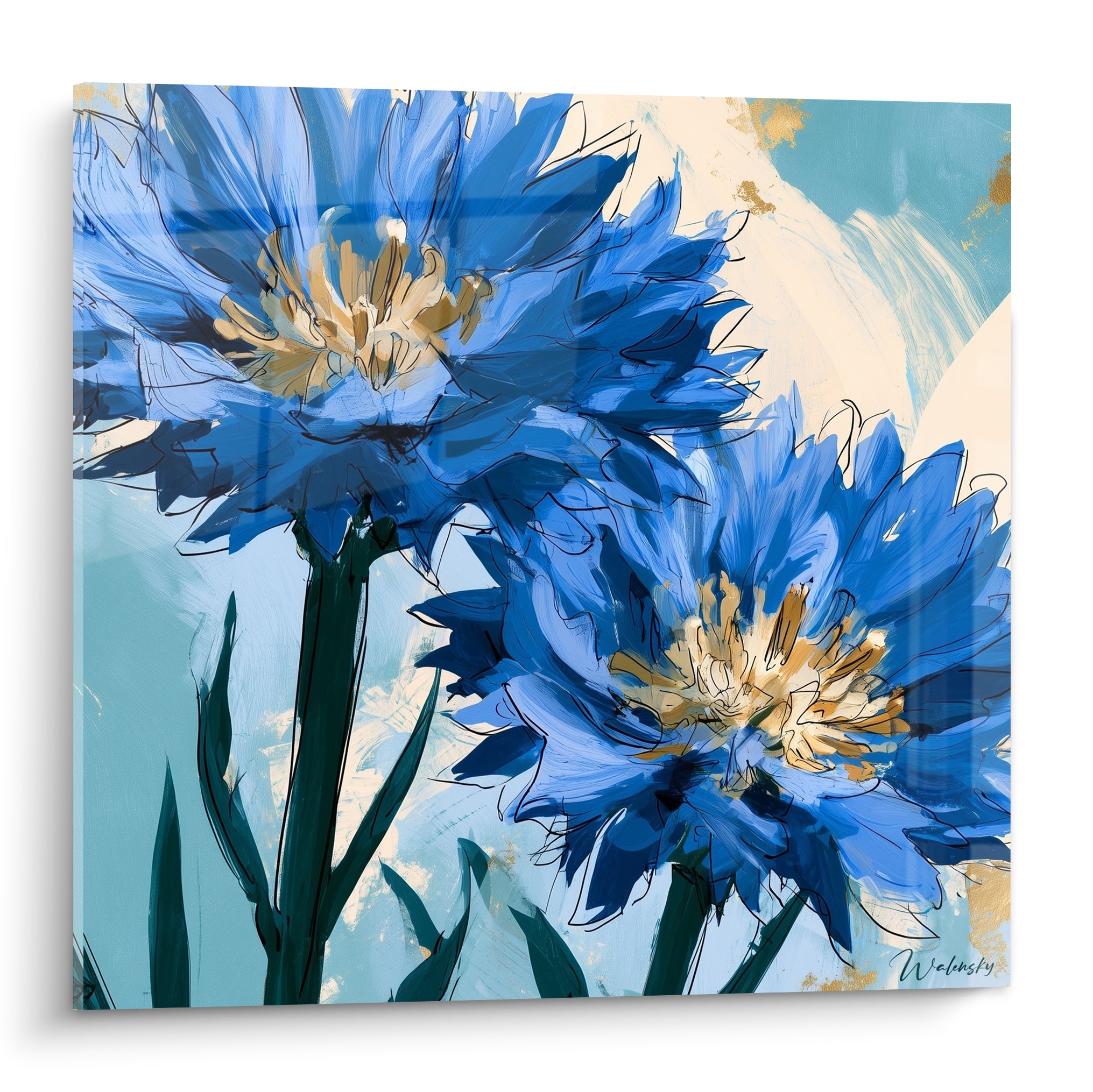 Bleuets bleu marine et ocre doré aux pétales déployés, style peint expressif sur fond turquoise crème