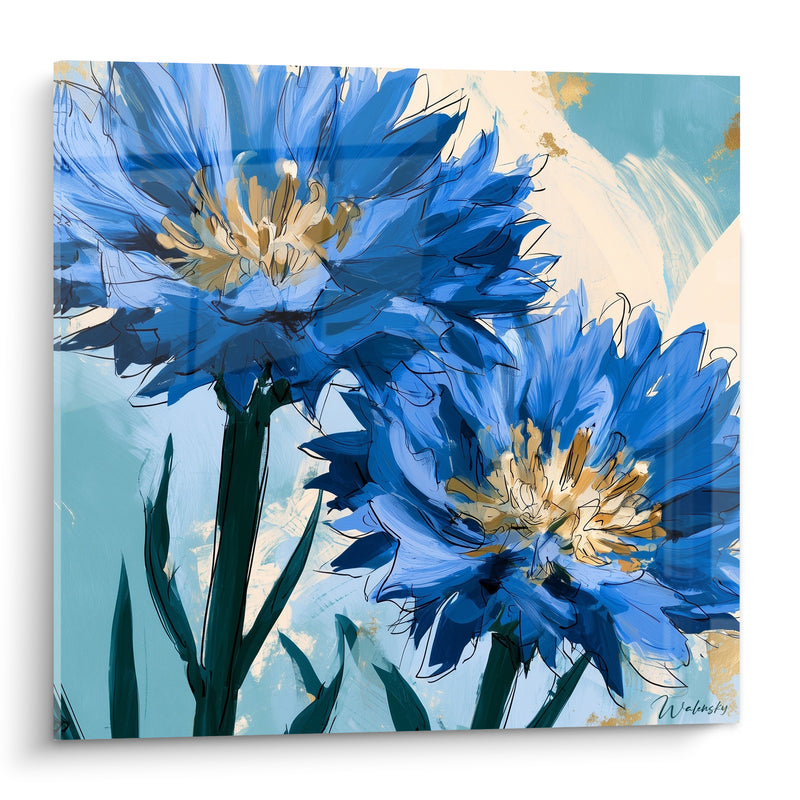 Tableau Bleuets bleu et doré aux tiges vertes - Éveil champêtre - Edition Bleuet