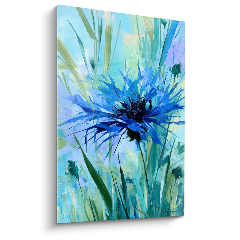 Tableau Bleuet aux pétales bleu et turquoise hérissés - Herbes hautes environnantes - Edition Bleuet