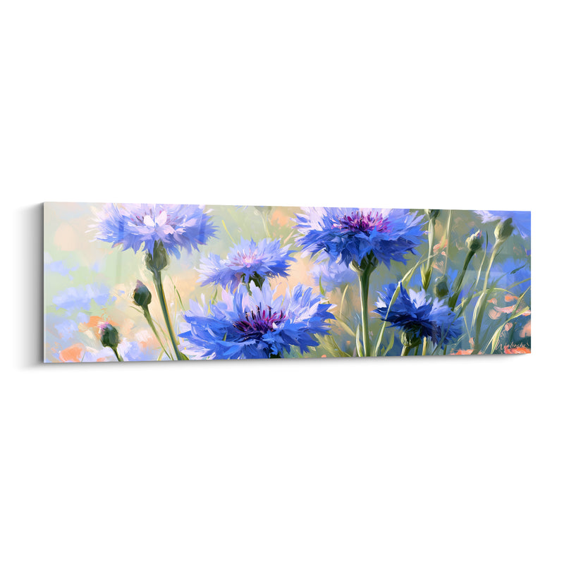 Tableau Bleuets bleu et violet aux cœurs pourpres frangés - Touches de pêche pastel - Edition Bleuet