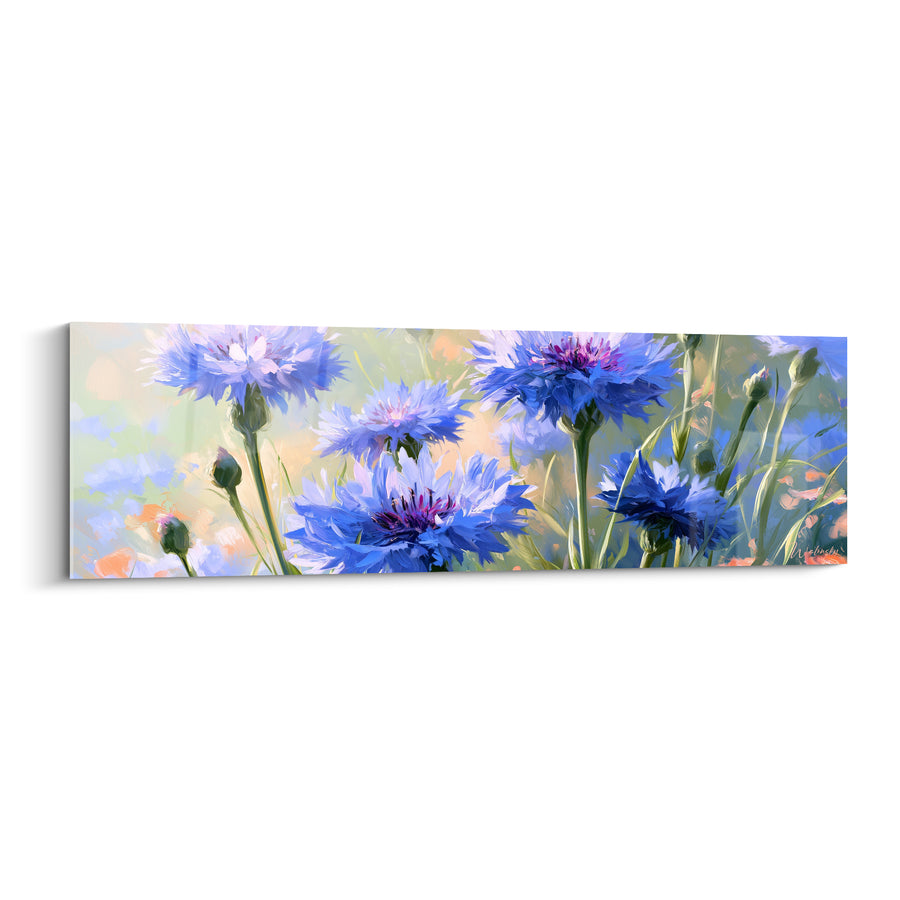 Blumenbild Kornblume blau und violett mit lila Fransen - Pastellfarbene Pfirsichakzente - Kornblumen-Edition