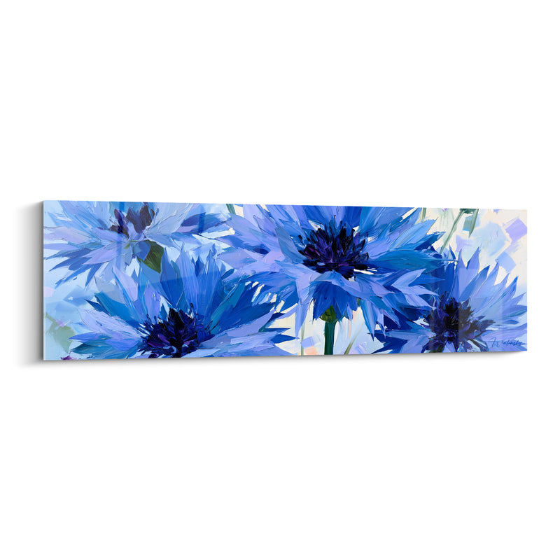 Tableau Bleuets bleu ciel et blanc aux pétales acérés en éventail - Coups de couteau vibrants - Edition Bleuet