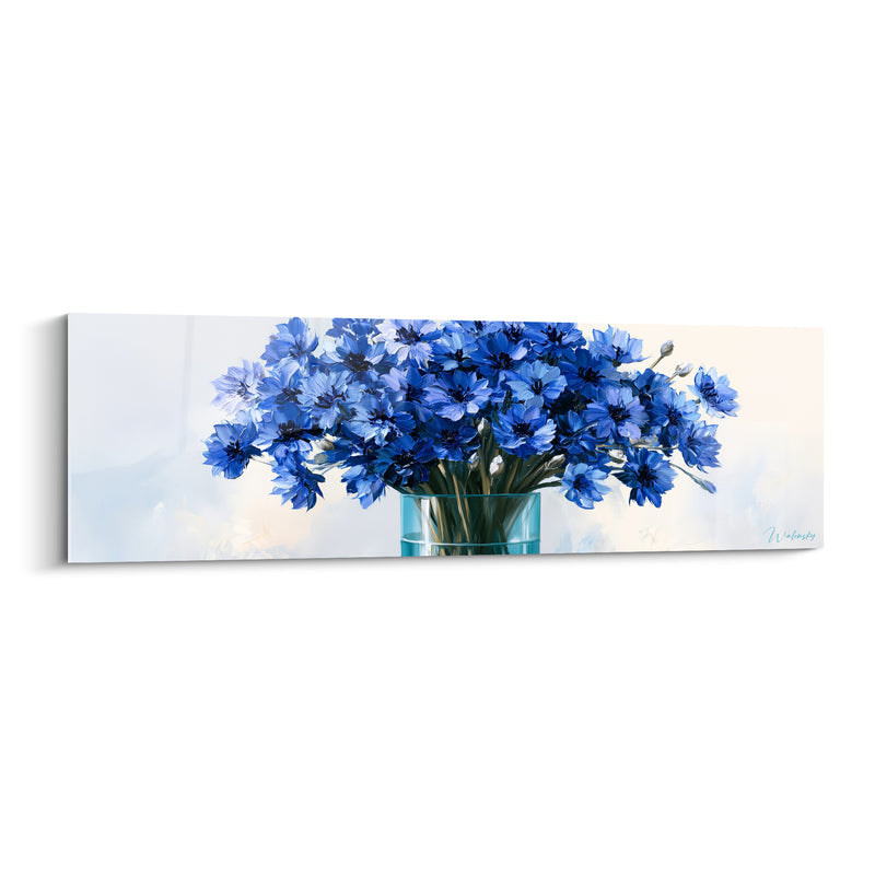 Tableau Bouquet de bleuets bleu et blanc large épanouissement - Vase de verre cylindrique - Edition Bleuet