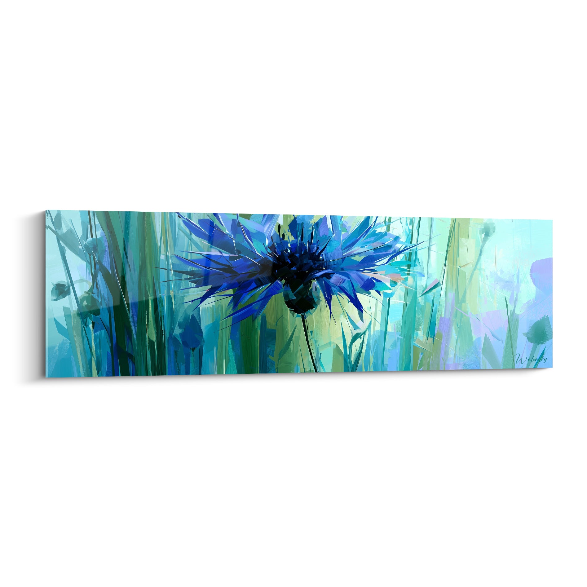 Bleuet bleu marine aux pétales déployés, fond vert sauge et turquoise, style peinture éclatée