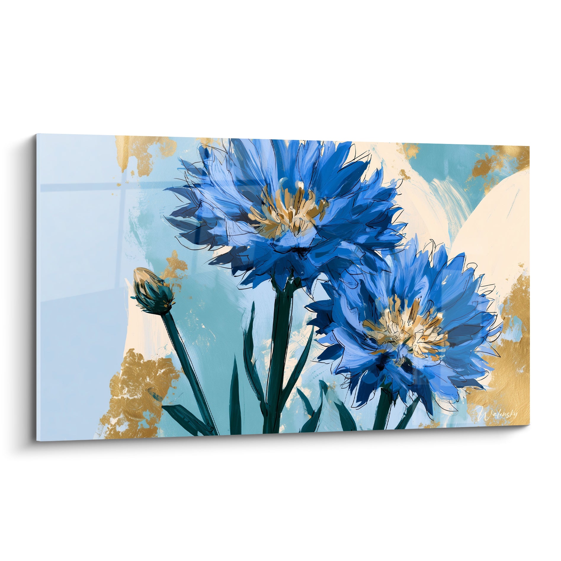 Bleuets bleu roi aux cœurs dorés peints sur fond bleu pastel avec éclats métalliques