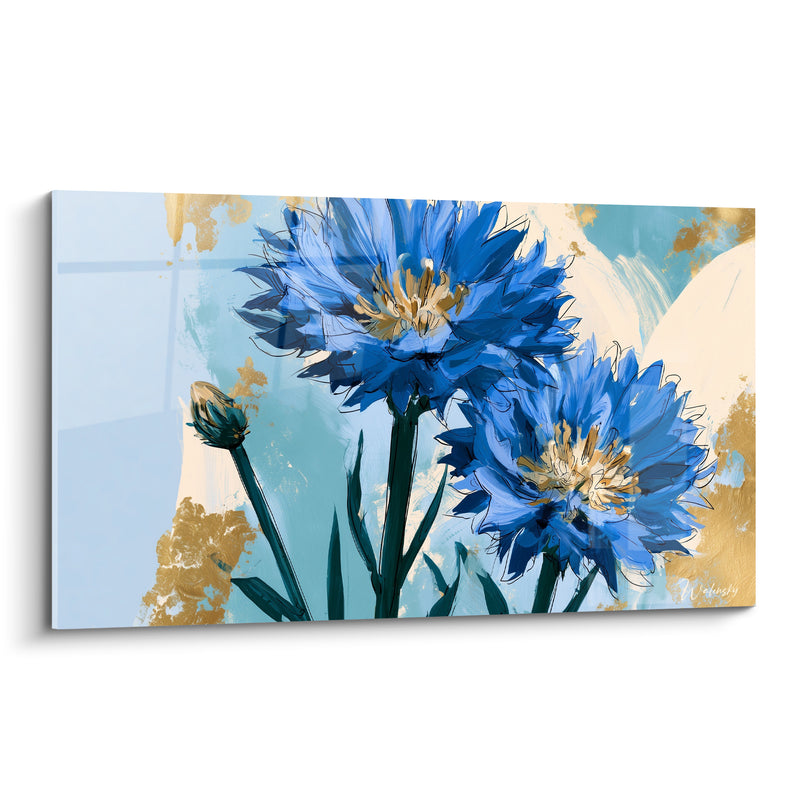 Tableau Bleuets bleu et or aux éclaboussures dorées - Bouton fermé latéral - Edition Bleuet