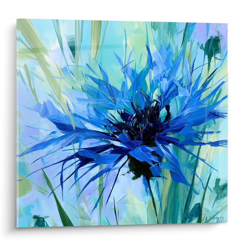 Tableau Bleuet éclaté bleu et turquoise aux longs pétales - Cœur noir explosif - Edition Bleuet