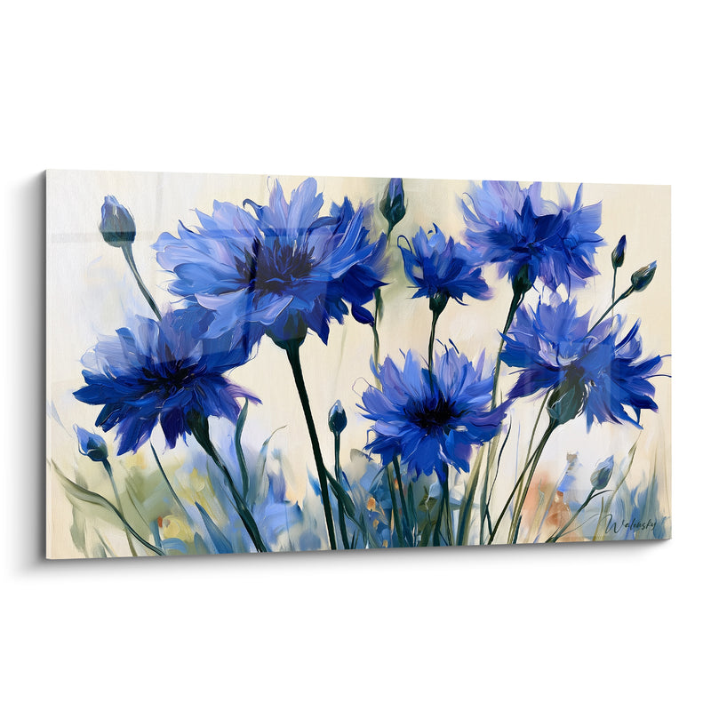 Tableau Bleuets bleu et ivoire aux tiges élancées - Boutons serrés en grappe - Edition Bleuet