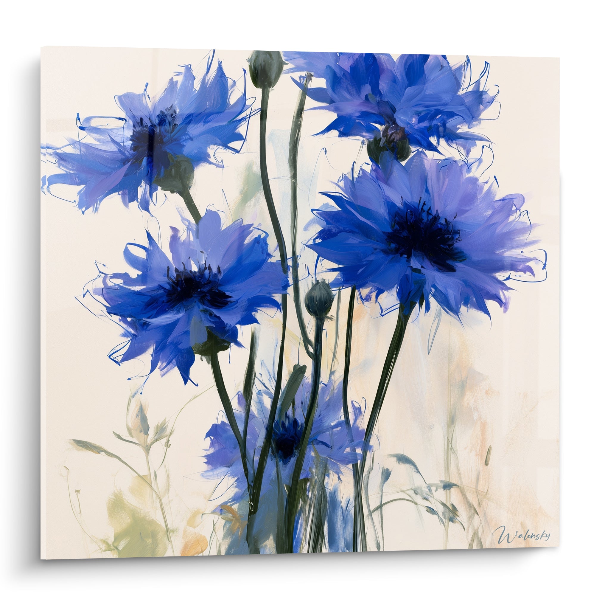 Bleuets bleu roi aux cœurs indigo peints à touches larges sur fond ivoire lumineux