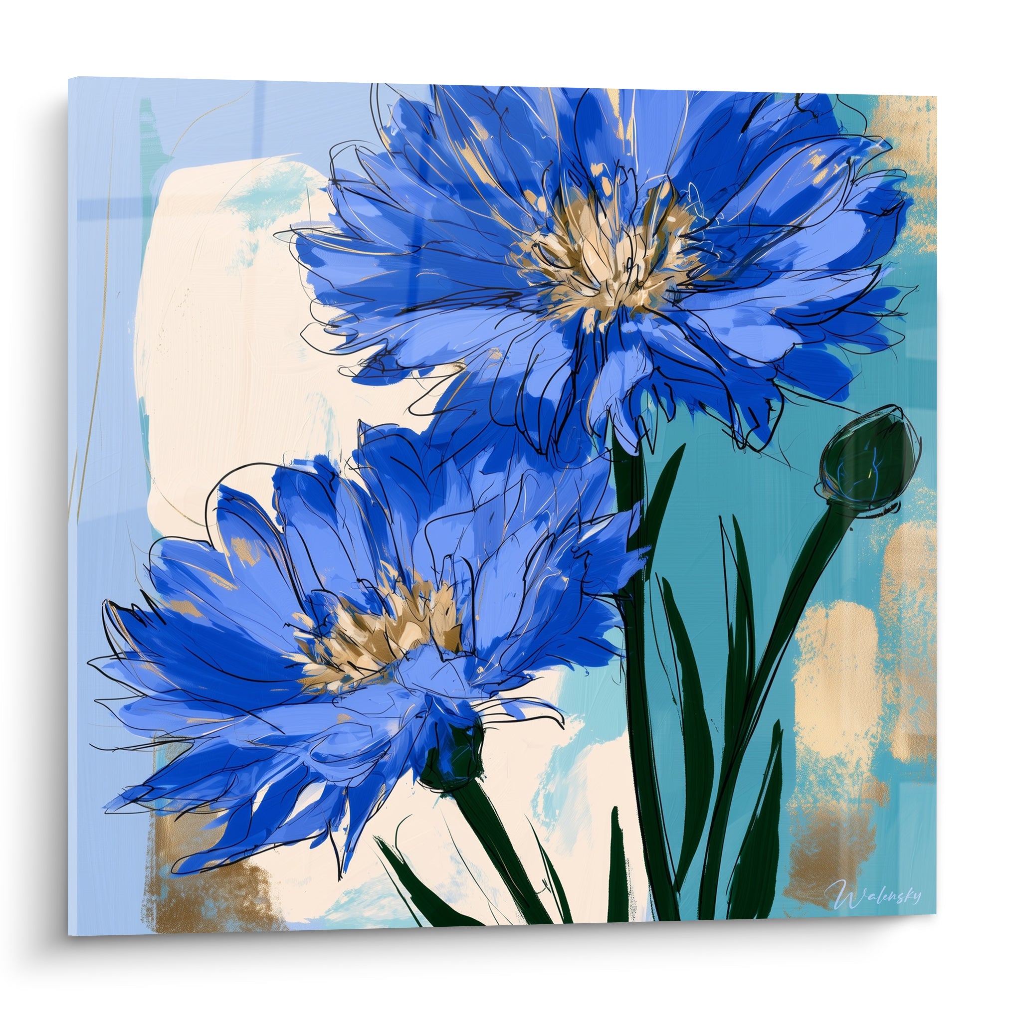 Bleuets bleu roi aux cœurs dorés peints en gestuel sur fond turquoise et crème