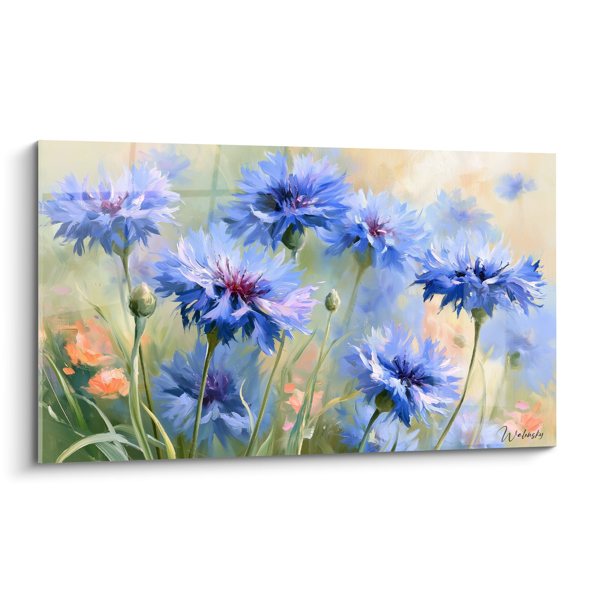 Bleuets bleu vif et pourpre aux pétales frangés, peints à l'huile sur fond vert tendre
