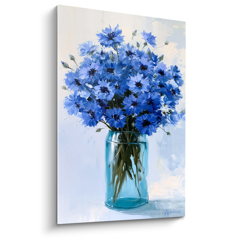 Tableau Bocal en verre bleu et blanc débordant de fleurs - Tiges immergées visibles - Edition Bleuet