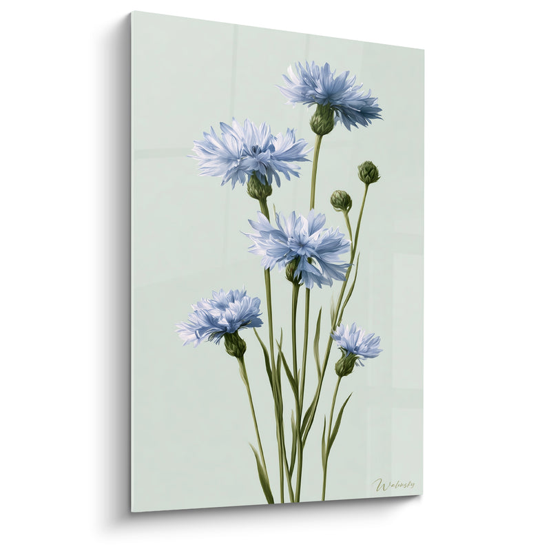 Tableau Bleuets bleu pâle et vert sur fond céladon - Bourgeons non ouverts - Edition Bleuet