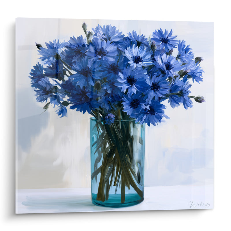 Tableau Bleuets bleu et blanc en vase turquoise - Fraîcheur cueillie - Edition Bleuet