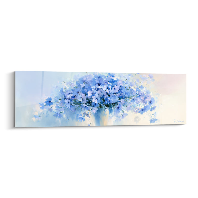 Tableau Bouquet de bleuets bleu et blanc en vase évasé - Silhouette panoramique étirée - Edition Bleuet