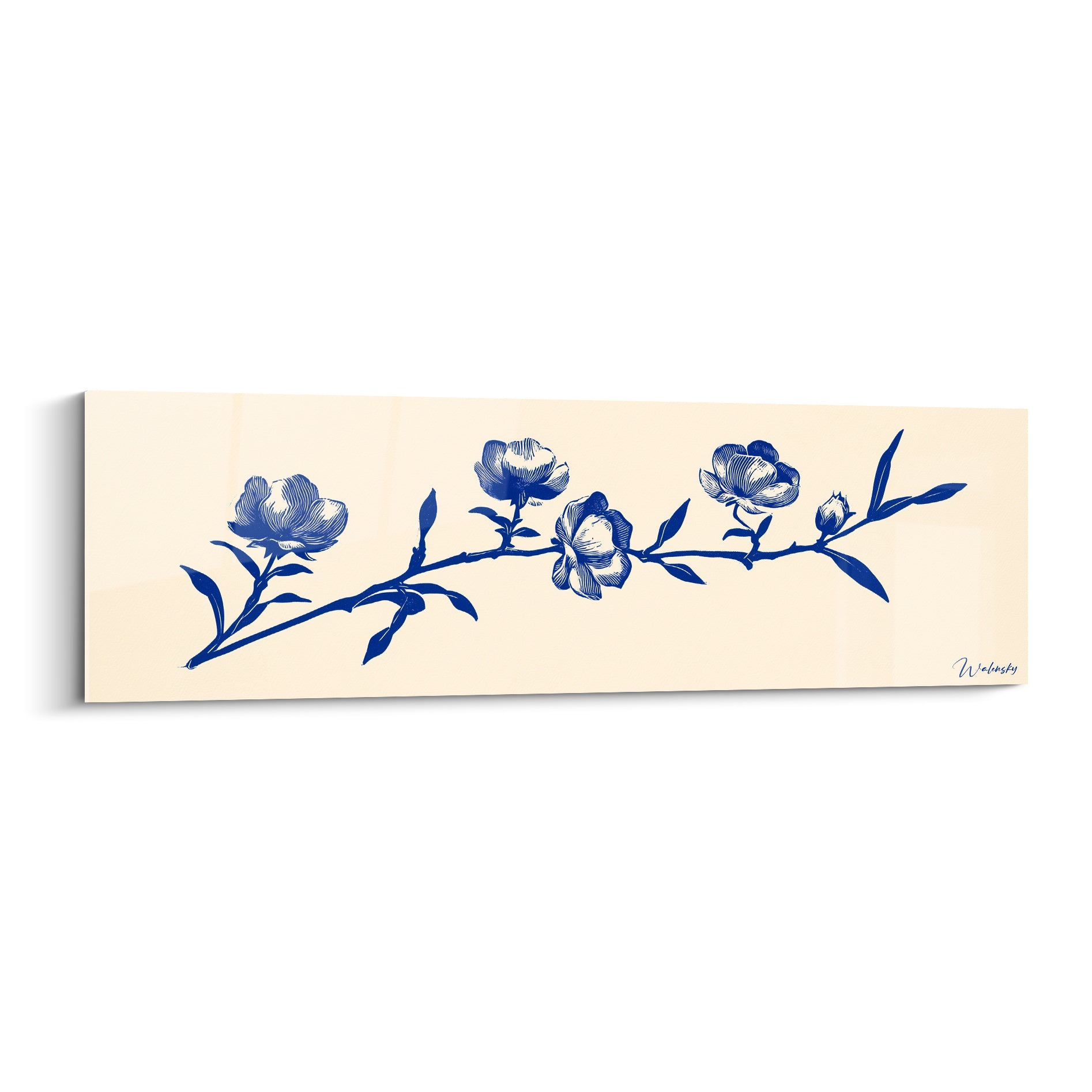 Branche fleurie bleu marine sur fond ivoire, tableau Bleuet au style gravure botanique délicat